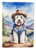 Old English Sheepdog Cowboy Welcome House Flag 28x40 Porch Sleeve Pole Decorative Outside Yard Banner Artwork Wall Hanging, Polyester