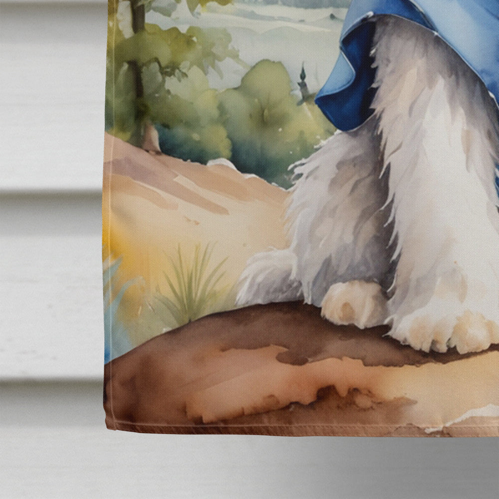 Old English Sheepdog Cowboy Welcome House Flag 28x40 Porch Sleeve Pole Decorative Outside Yard Banner Artwork Wall Hanging, Polyester