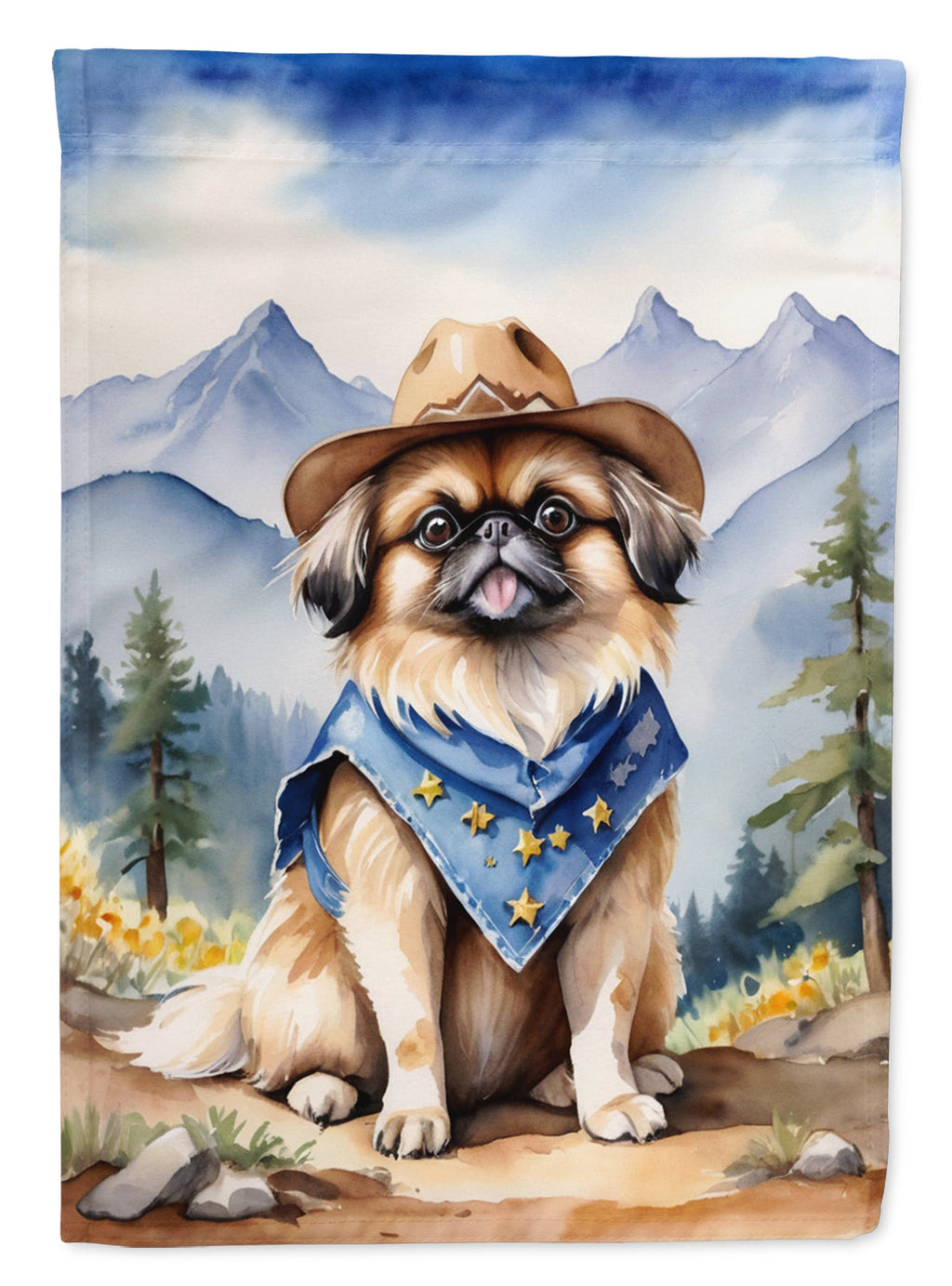 Pekingese Cowboy Welcome House Flag 28x40 Porch Sleeve Pole Decorative Outside Yard Banner Artwork Wall Hanging, Polyester