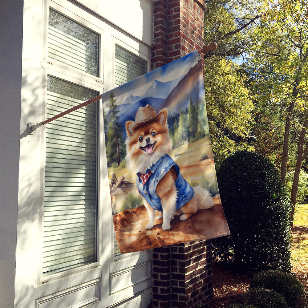 Pomeranian Cowboy Welcome House Flag 28x40 Porch Sleeve Pole Decorative Outside Yard Banner Artwork Wall Hanging, Polyester