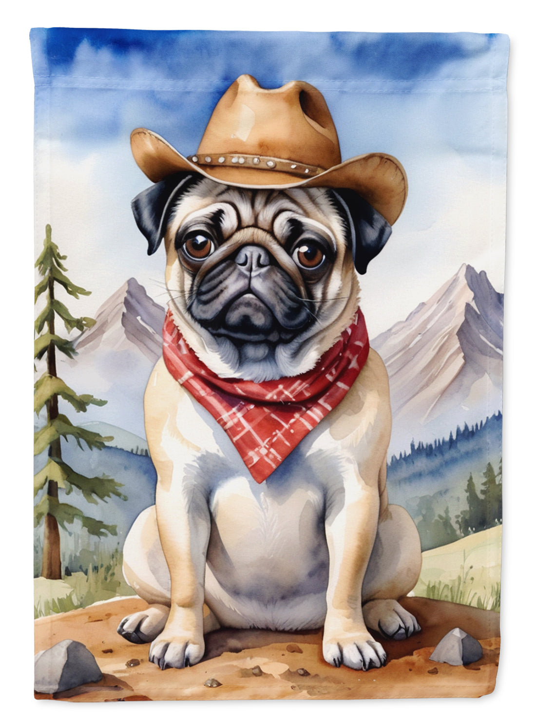 Pug Cowboy Welcome House Flag 28x40 Porch Sleeve Pole Decorative Outside Yard Banner Artwork Wall Hanging, Polyester