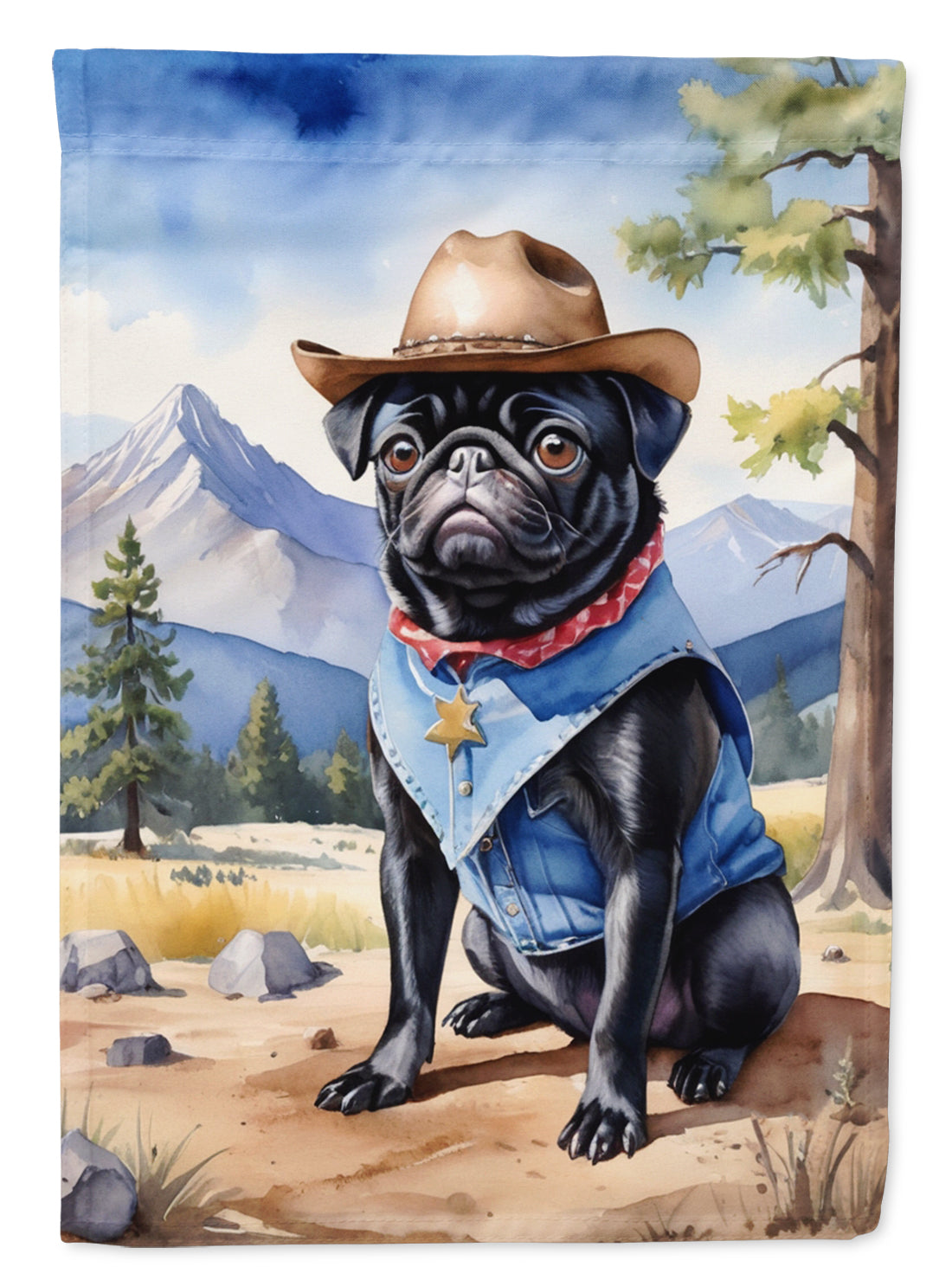 Pug Cowboy Welcome House Flag 28x40 Porch Sleeve Pole Decorative Outside Yard Banner Artwork Wall Hanging, Polyester