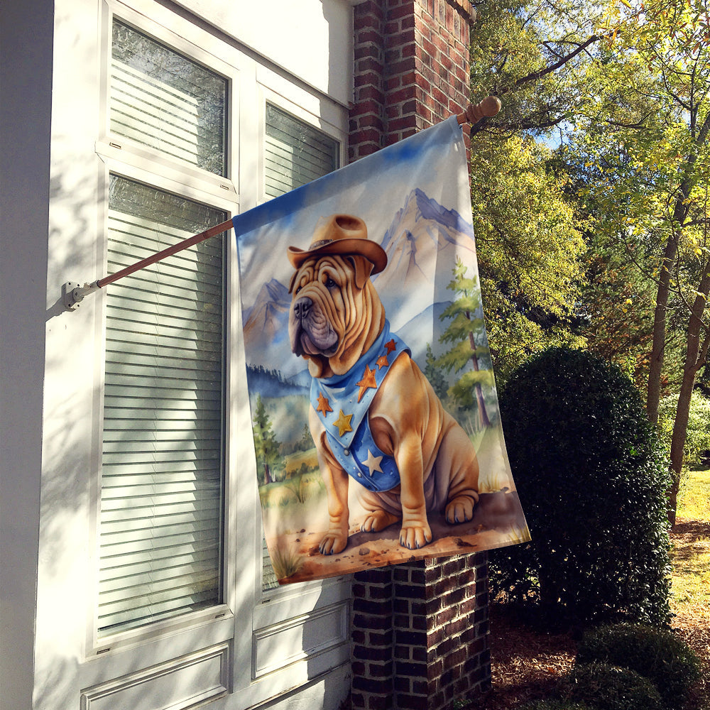 Shar Pei Cowboy Welcome House Flag 28x40 Porch Sleeve Pole Decorative Outside Yard Banner Artwork Wall Hanging, Polyester