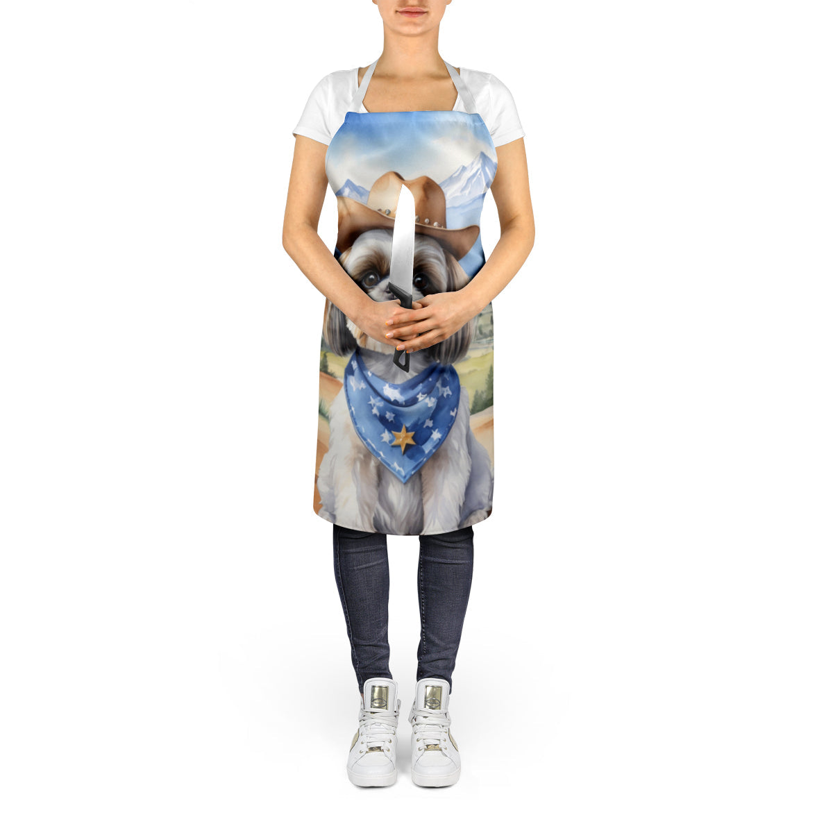 Shih Tzu Cowboy Welcome Apron Cooking Kitchen Server Baking Crafts Gardening for Adult Women Men, Unisex, Large, Multicolor