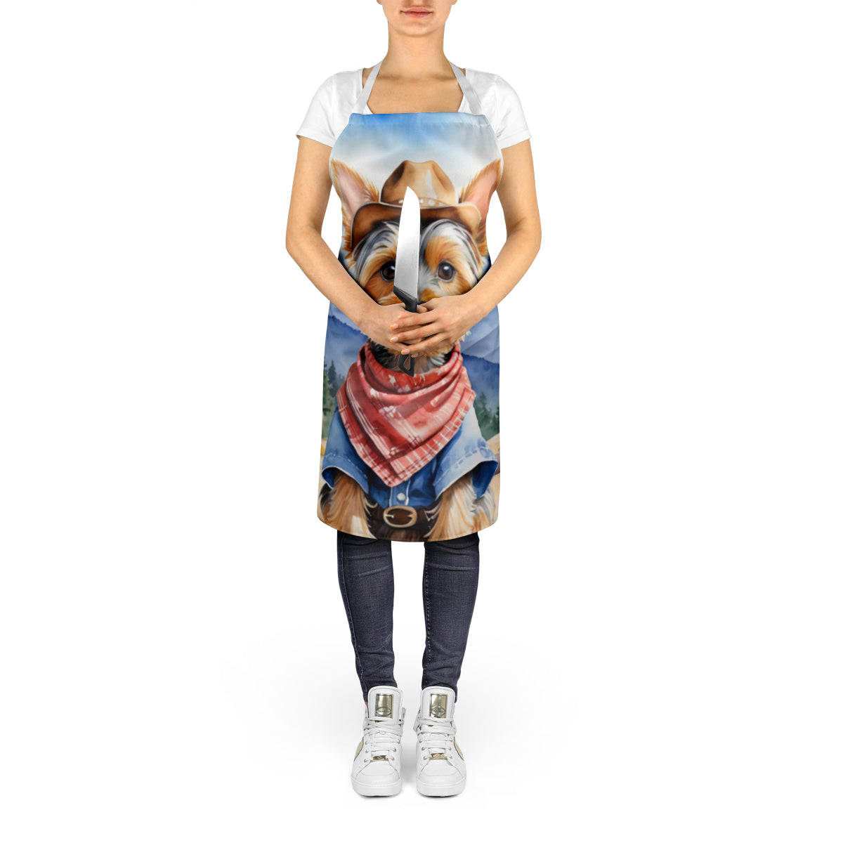 Silky Terrier Cowboy Welcome Apron Cooking Kitchen Server Baking Crafts Gardening for Adult Women Men, Unisex, Large, Multicolor
