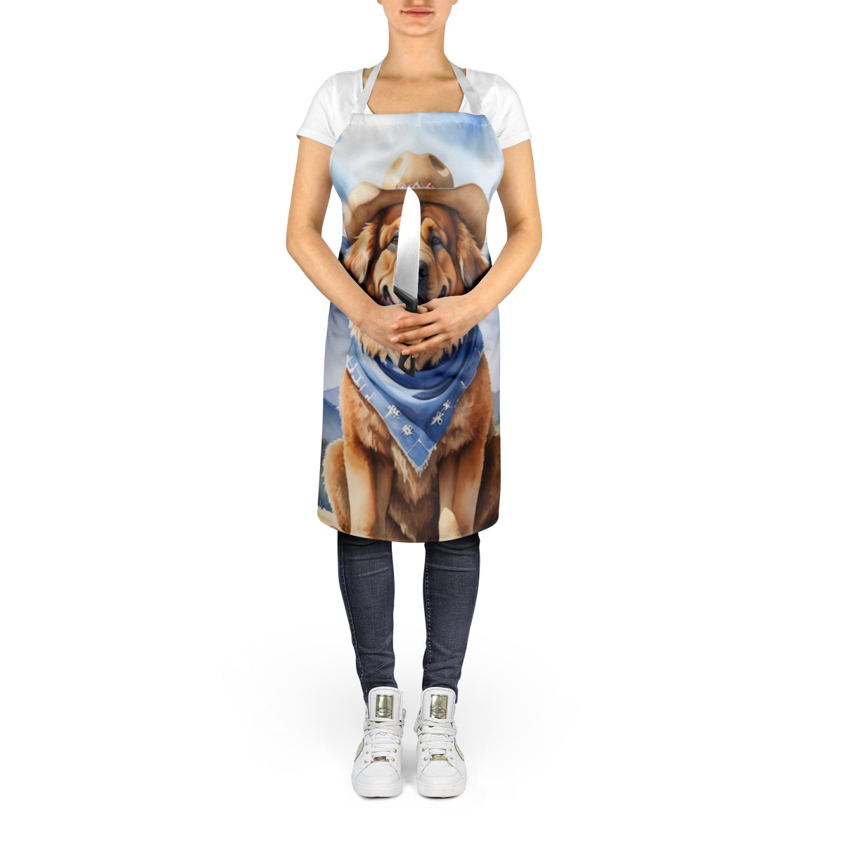 Tibetan Mastiff Cowboy Welcome Apron Cooking Kitchen Server Baking Crafts Gardening for Adult Women Men, Unisex, Large, Multicolor