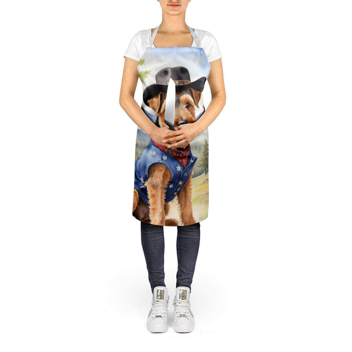 Welsh Terrier Cowboy Welcome Apron Cooking Kitchen Server Baking Crafts Gardening for Adult Women Men, Unisex, Large, Multicolor