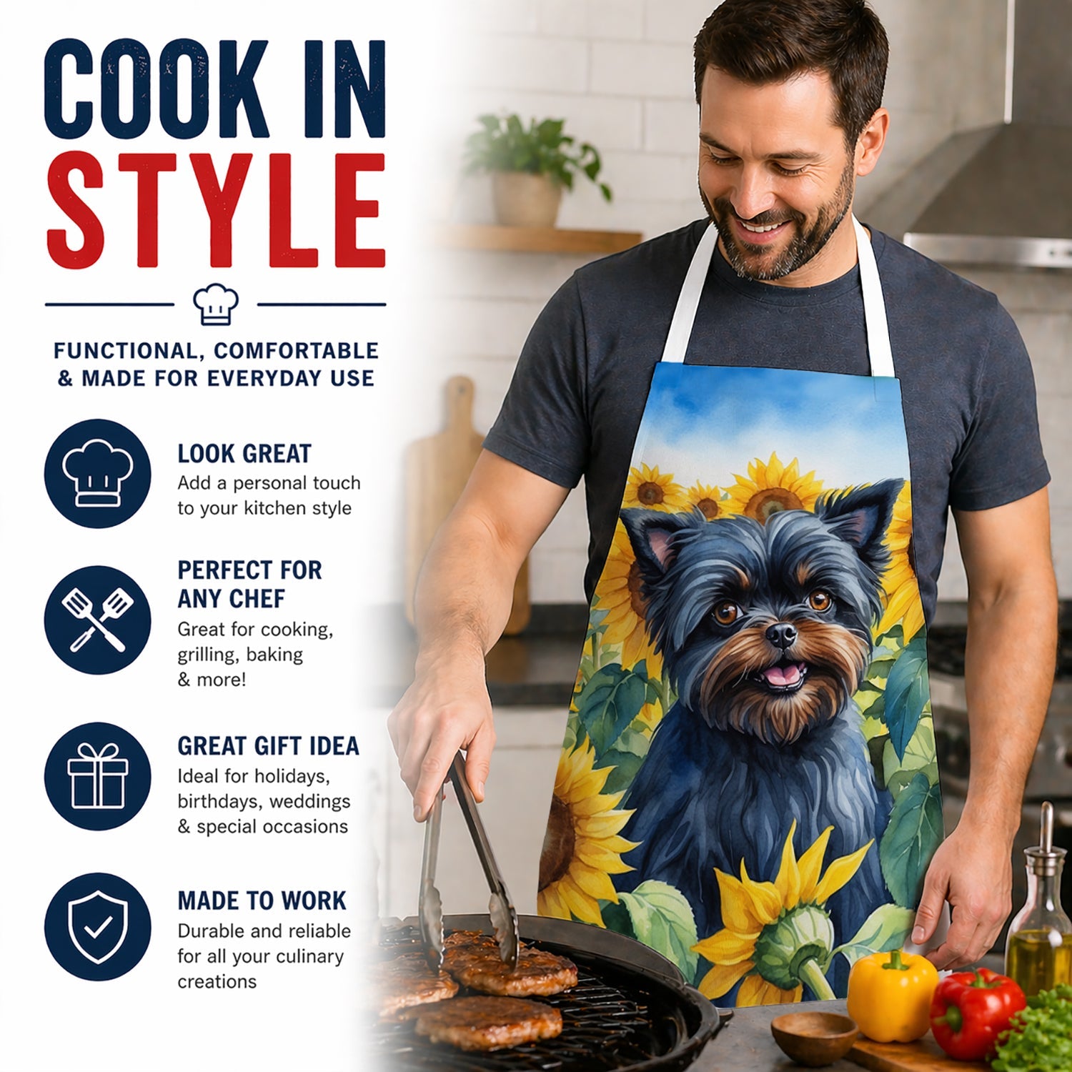 Affenpinscher in Sunflowers Apron Cooking Kitchen Server Baking Crafts Gardening for Adult Women Men, Unisex, Large, Multicolor