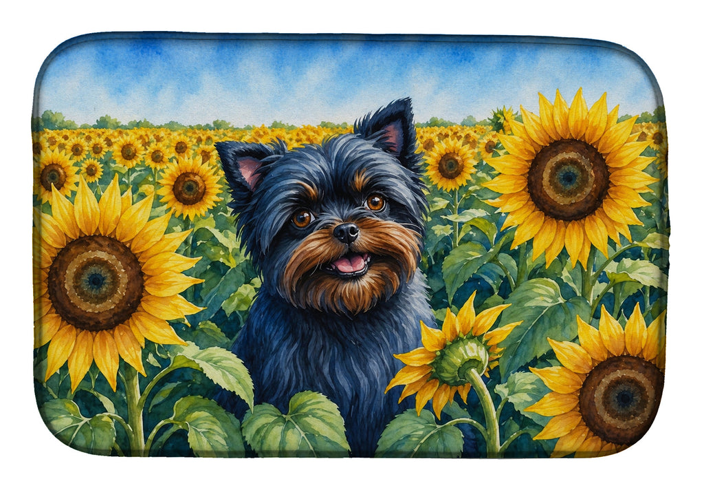 Affenpinscher in Sunflowers Dish Drying Mat Absorbent Dish Drying Mat Pad for Kitchen Counter Dish Drainer Mat for Countertop, 14 x 21", Multicolor