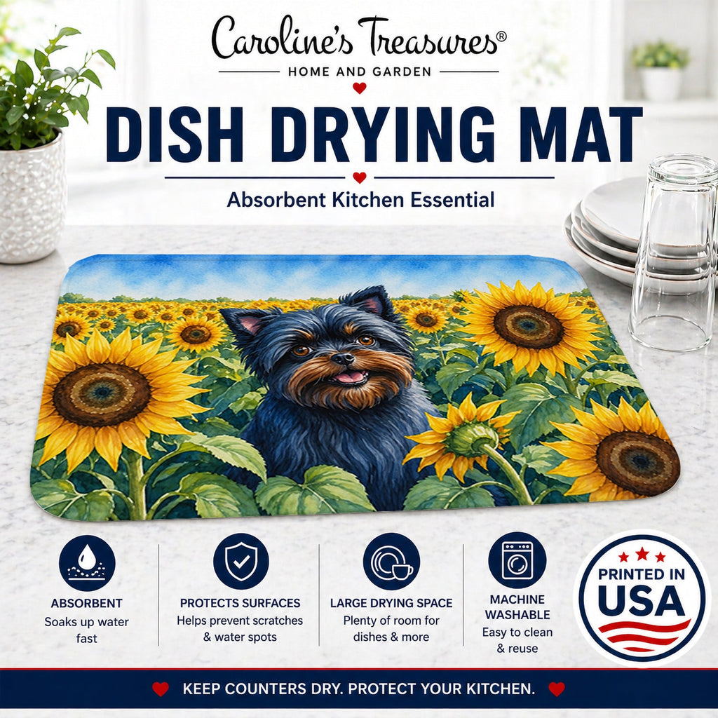 Affenpinscher in Sunflowers Dish Drying Mat Absorbent Dish Drying Mat Pad for Kitchen Counter Dish Drainer Mat for Countertop, 14 x 21", Multicolor