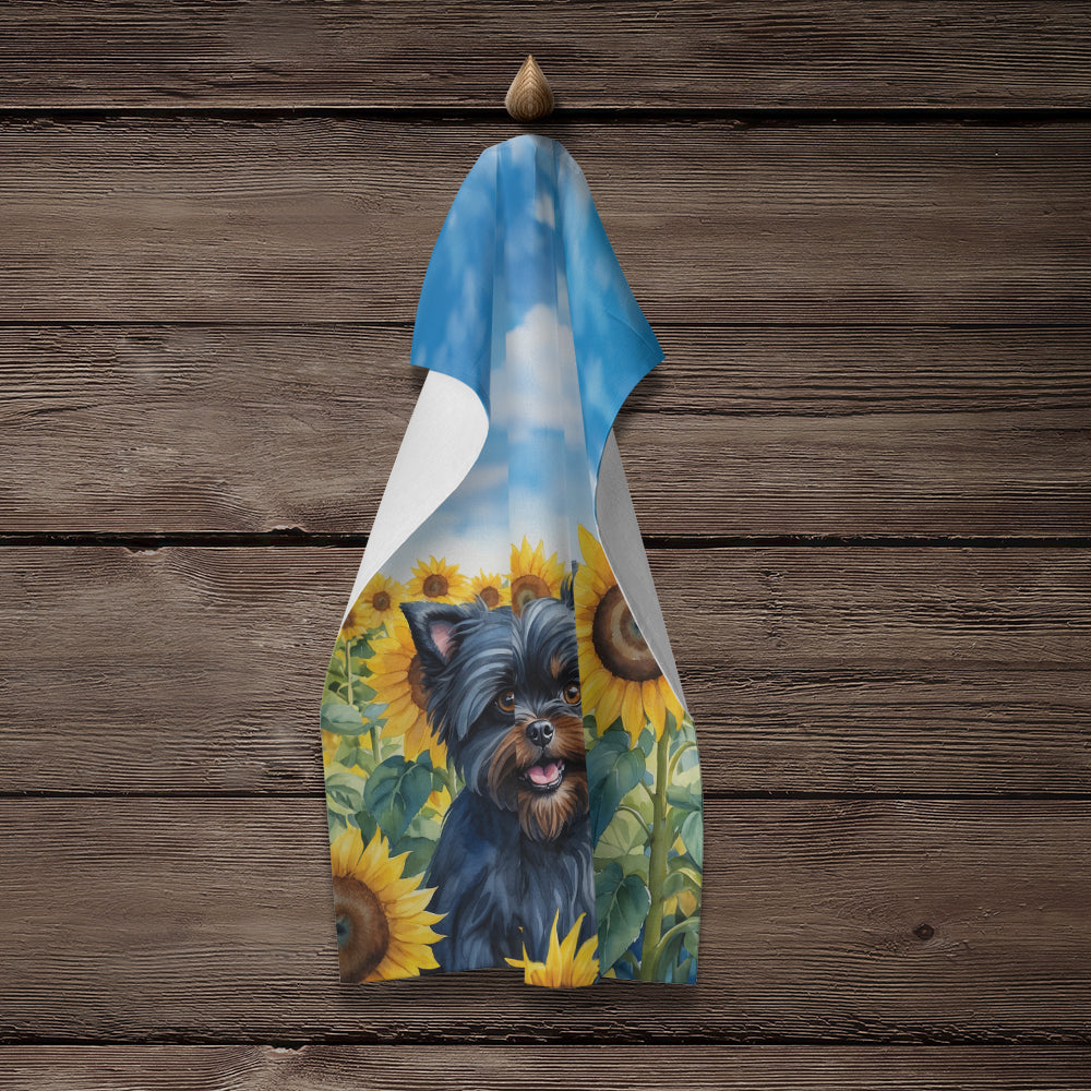 Affenpinscher in Sunflowers Kitchen Towel Velour Plush Front and Cotton Loop Back Machine Washable