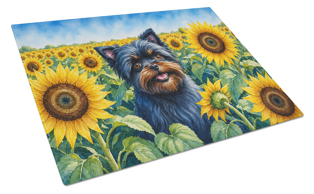 Affenpinscher in Sunflowers Cutting Board Tempered Glass Kitchen Cutting Surface, Heat Resistant Chopping Board with Non-Slip Feet, Decorative Food Prep & Serving