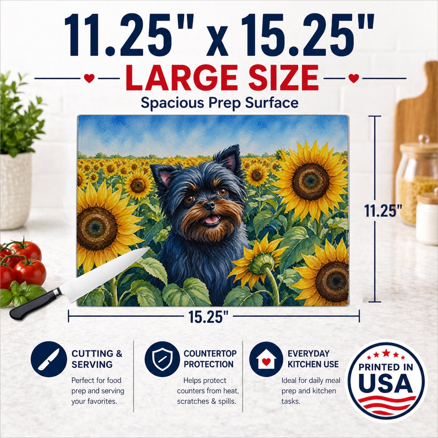 Affenpinscher in Sunflowers Cutting Board Tempered Glass Kitchen Cutting Surface, Heat Resistant Chopping Board with Non-Slip Feet, Decorative Food Prep & Serving