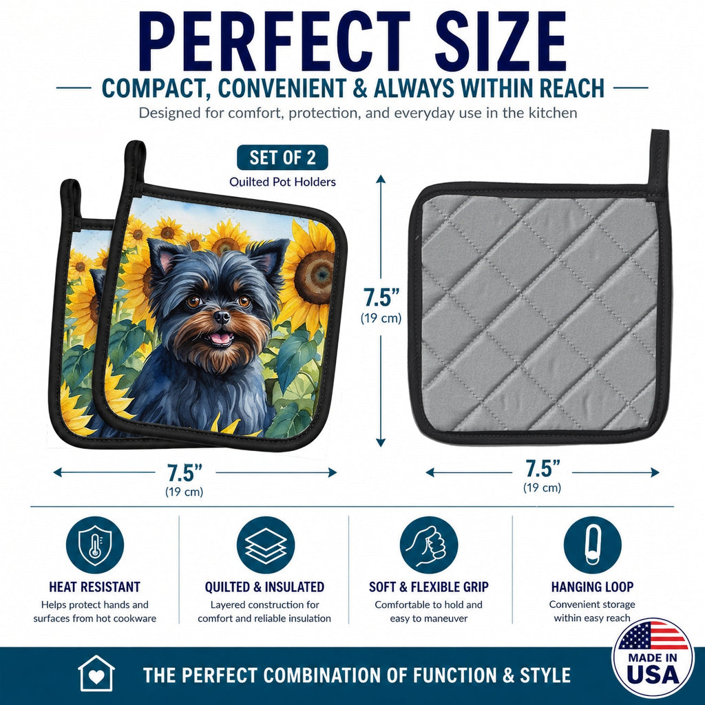 Affenpinscher in Sunflowers Pot Holder Set of 2 Heat Resistant Quilted Hot Pads 7.5 x 7.5 Inch, Insulated Kitchen Trivets for Cooking & Baking