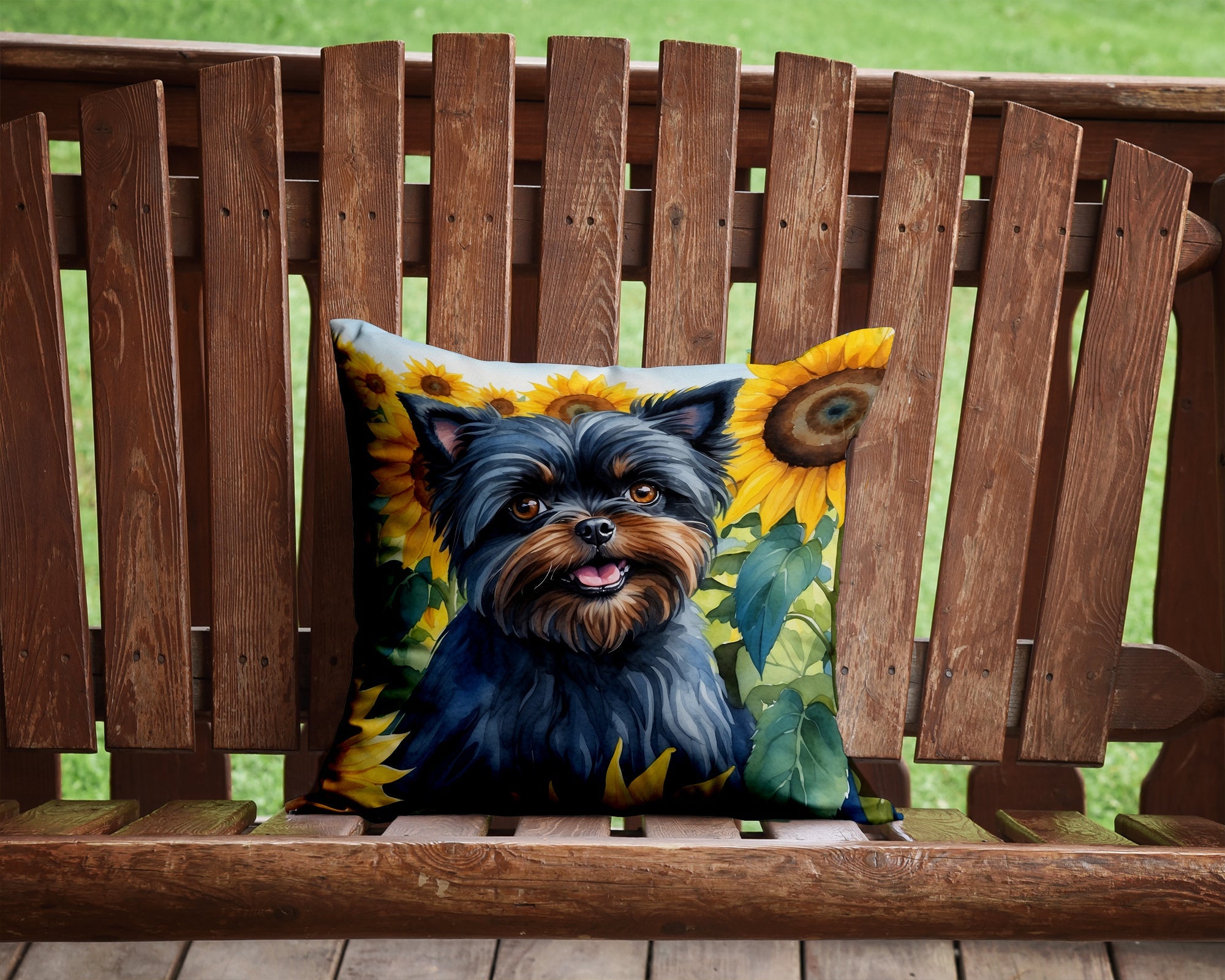 Affenpinscher in Sunflowers Decorative Throw Pillow 14x14 Indoor Outdoor Accent Cushion, Fabric Cover with Insert for Sofa, Bed, Porch & Living Room
