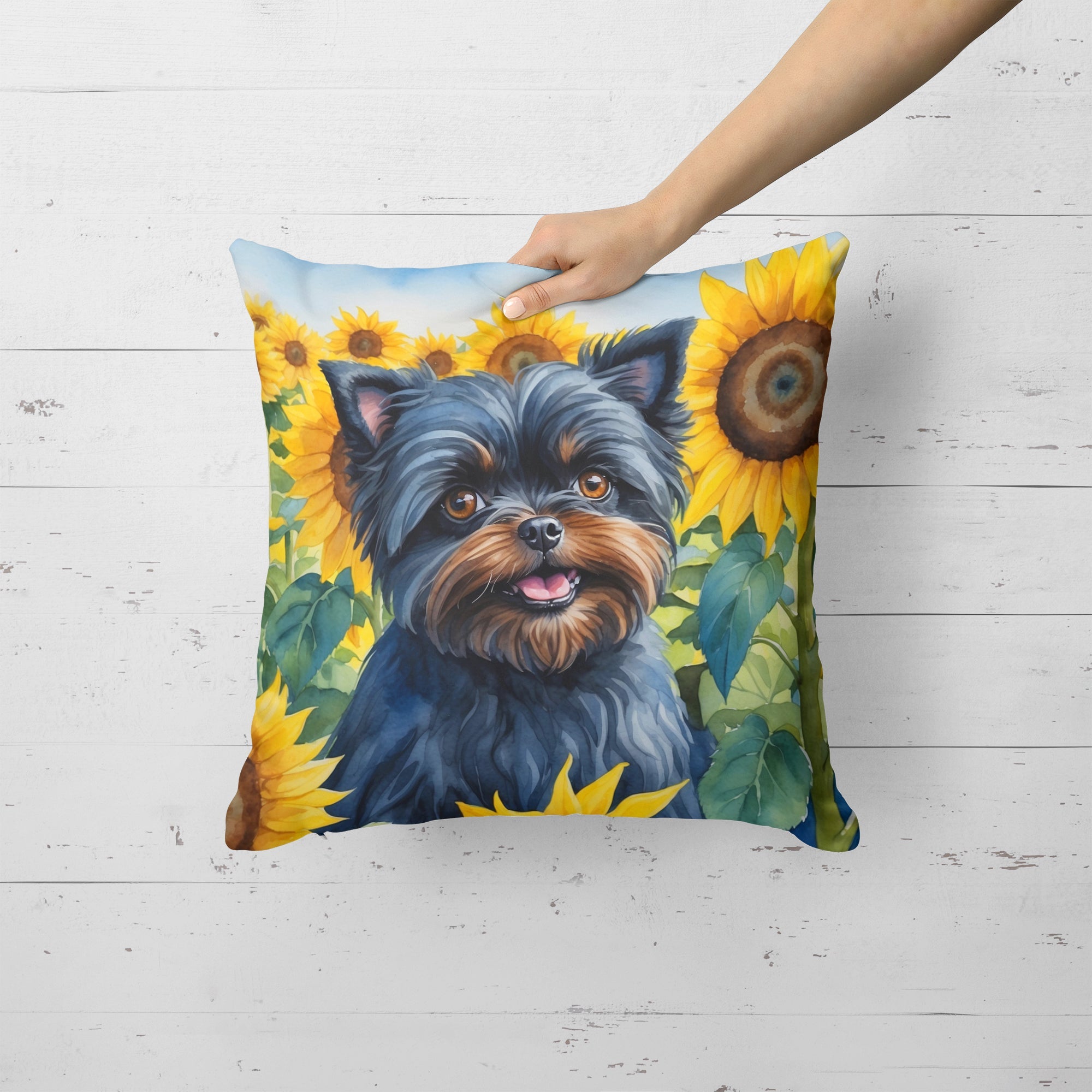 Affenpinscher in Sunflowers Decorative Throw Pillow 18x18 Indoor Outdoor Accent Cushion, Fabric Cover with Insert for Sofa, Bed, Porch & Living Room