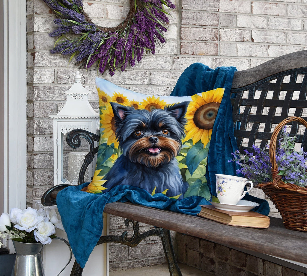 Affenpinscher in Sunflowers Decorative Throw Pillow 18x18 Indoor Outdoor Accent Cushion, Fabric Cover with Insert for Sofa, Bed, Porch & Living Room