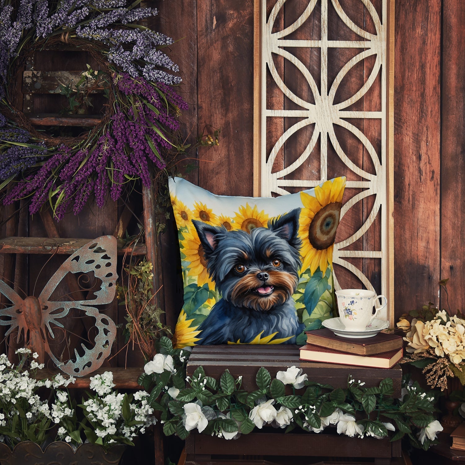 Affenpinscher in Sunflowers Decorative Throw Pillow 18x18 Indoor Outdoor Accent Cushion, Fabric Cover with Insert for Sofa, Bed, Porch & Living Room