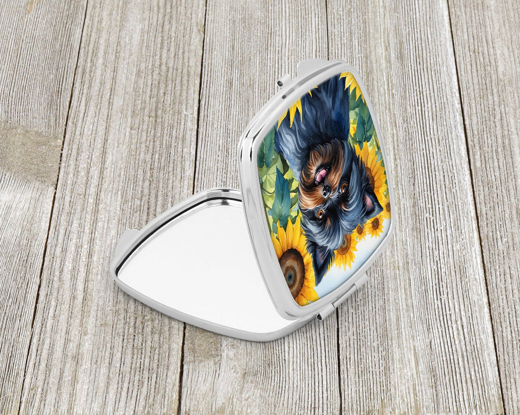 Affenpinscher in Sunflowers Compact Mirror Decorative Travel Makeup Mirror for Women Girls Gifts Pocket Makeup Mirror Folding Handheld