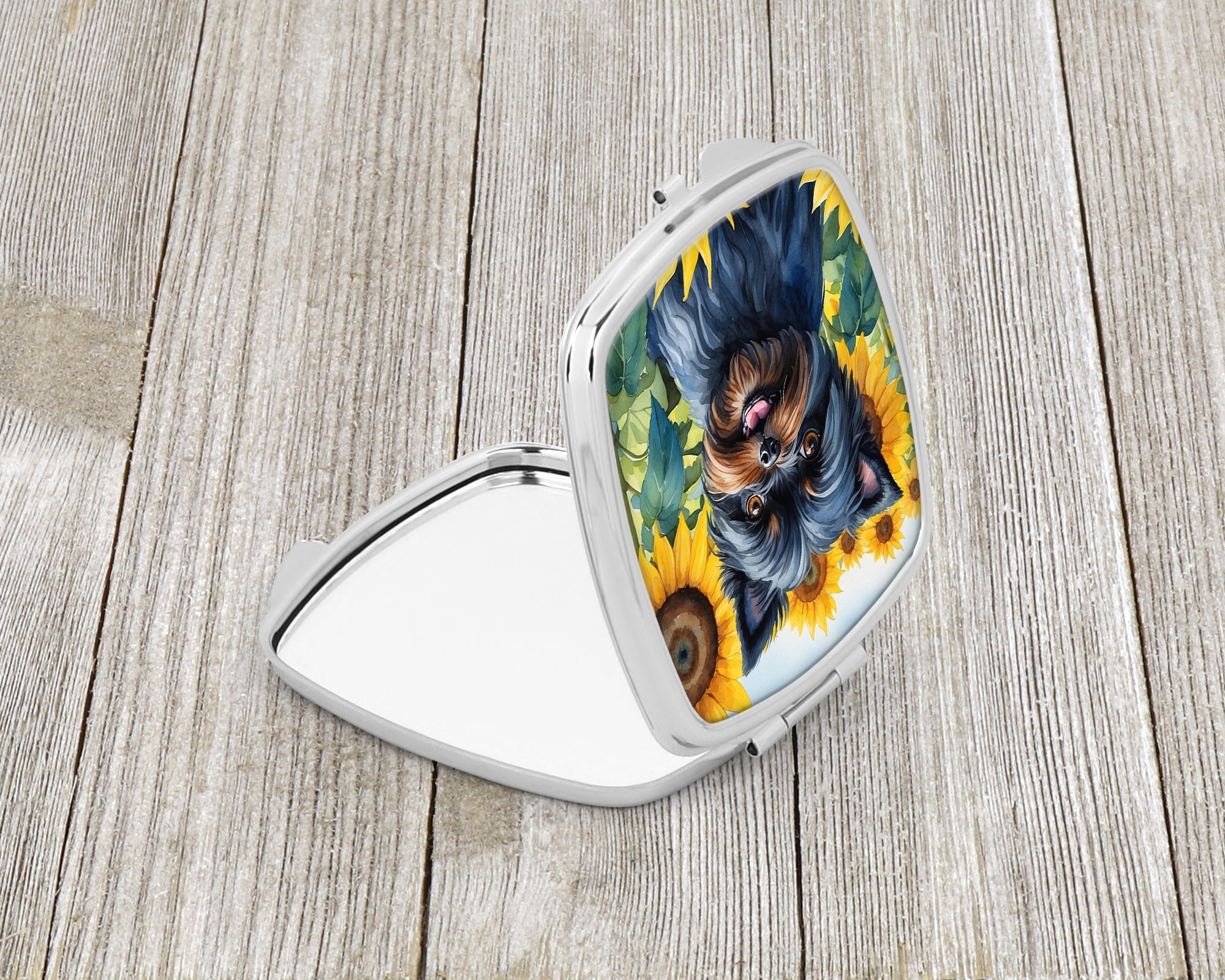 Affenpinscher in Sunflowers Compact Mirror Decorative Travel Makeup Mirror for Women Girls Gifts Pocket Makeup Mirror Folding Handheld