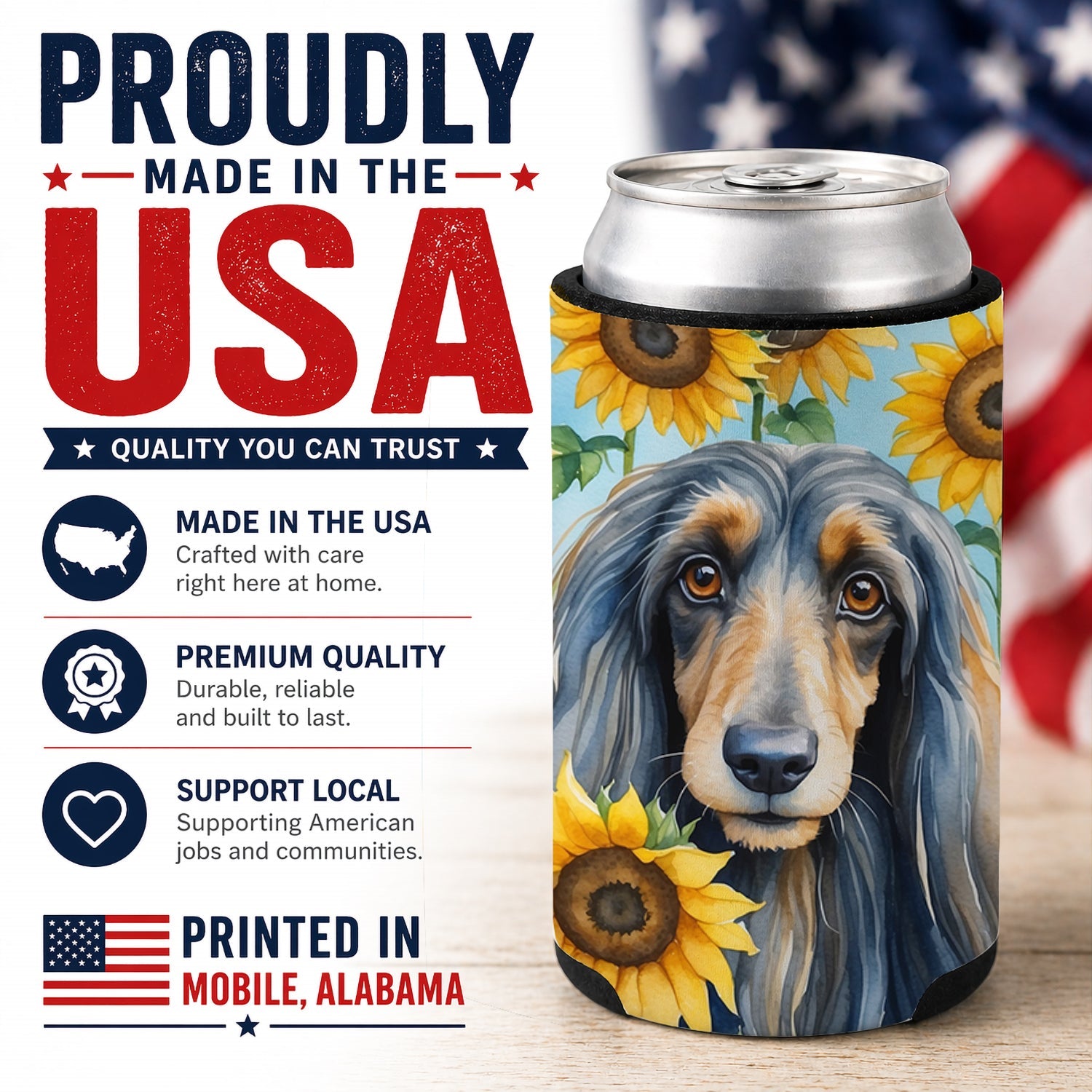 Afghan Hound in Sunflowers Can or Bottle Hugger Cooler Sleeve for Standard 12 oz Cans, Insulated Foam Beer & Soda Can Hugger Reusable