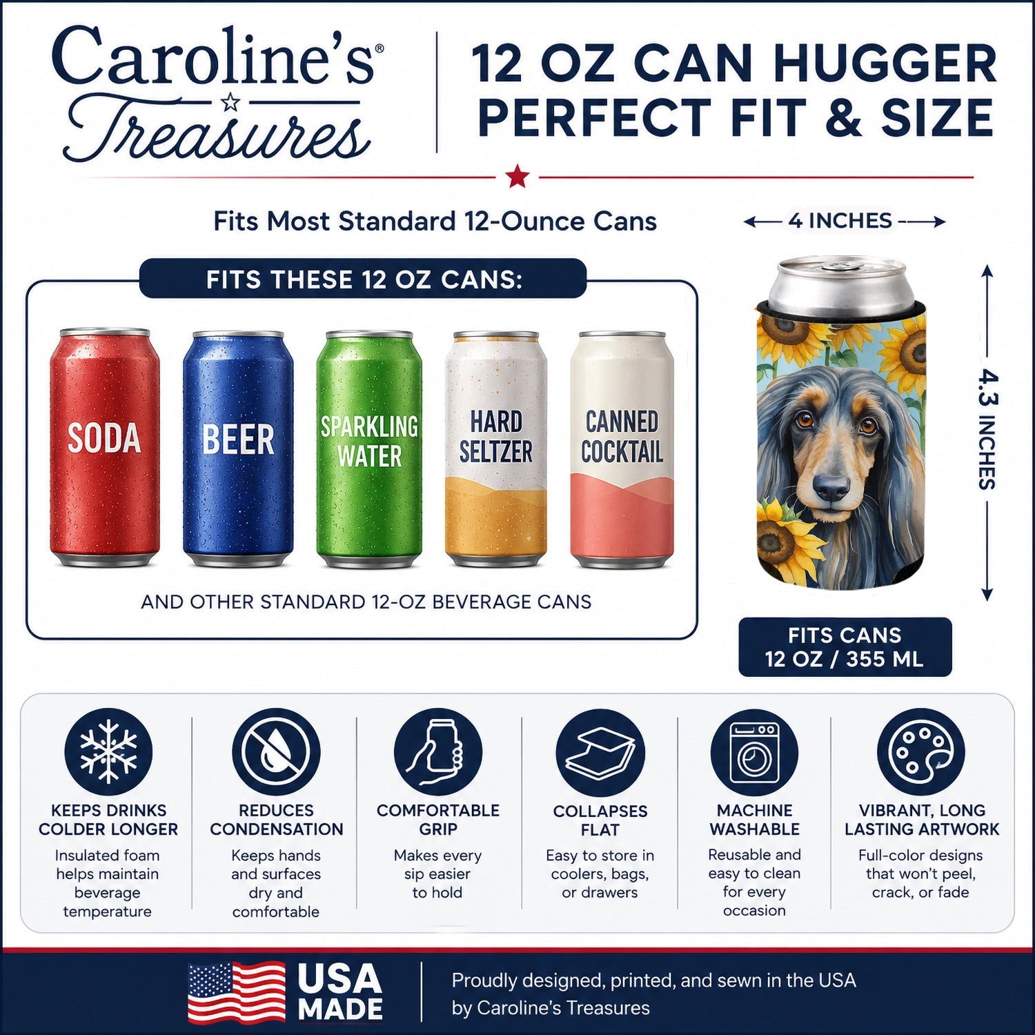 Afghan Hound in Sunflowers Can or Bottle Hugger Cooler Sleeve for Standard 12 oz Cans, Insulated Foam Beer & Soda Can Hugger Reusable