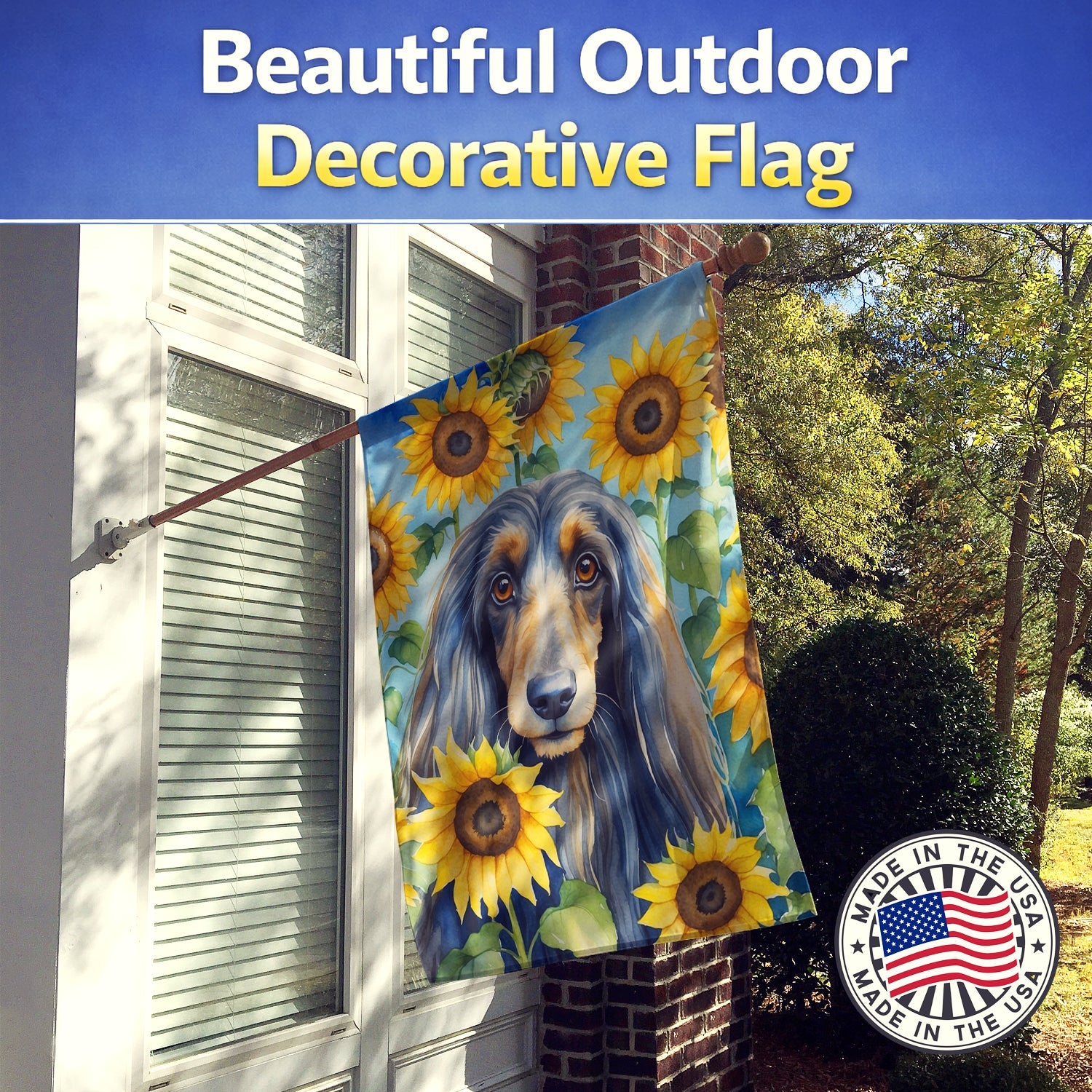 Afghan Hound in Sunflowers House Flag 28x40 Porch Sleeve Pole Decorative Outside Yard Banner Artwork Wall Hanging, Polyester