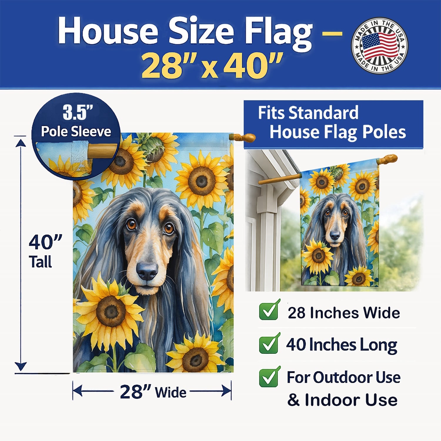 Afghan Hound in Sunflowers House Flag 28x40 Porch Sleeve Pole Decorative Outside Yard Banner Artwork Wall Hanging, Polyester