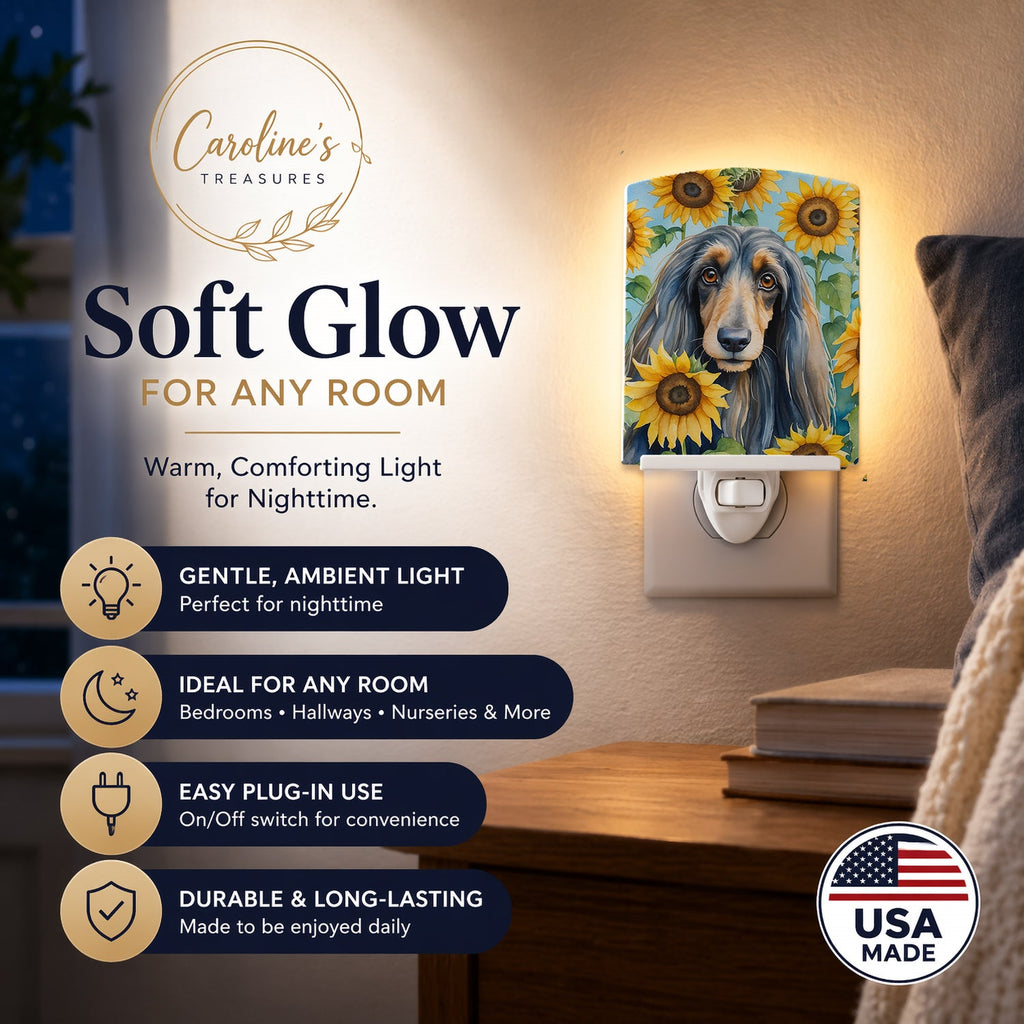 Afghan Hound in Sunflowers Ceramic Night Light Compact, UL-Certified, Ideal for Bedroom, Bathroom, Nursery, Hallway, Kitchen, 6x4x3, Multicolor