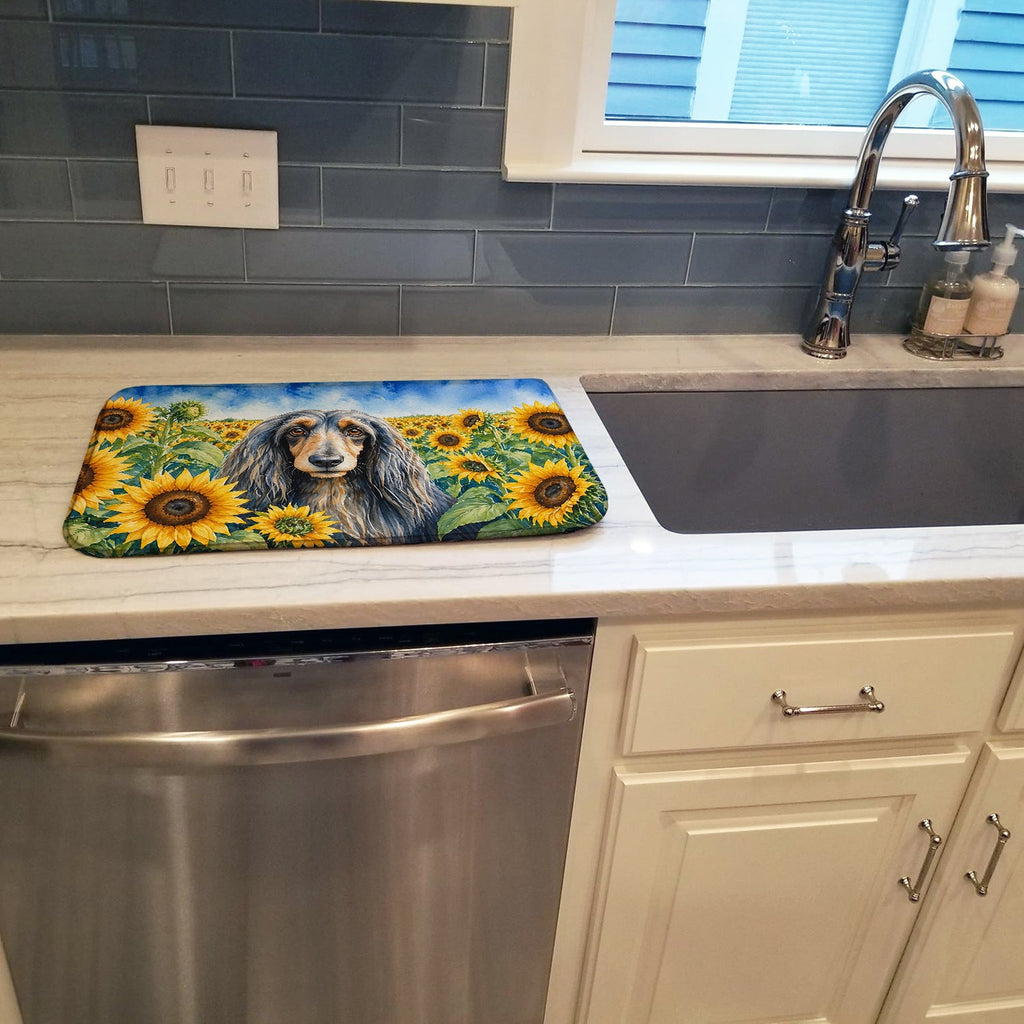 Afghan Hound in Sunflowers Dish Drying Mat Absorbent Dish Drying Mat Pad for Kitchen Counter Dish Drainer Mat for Countertop, 14 x 21", Multicolor