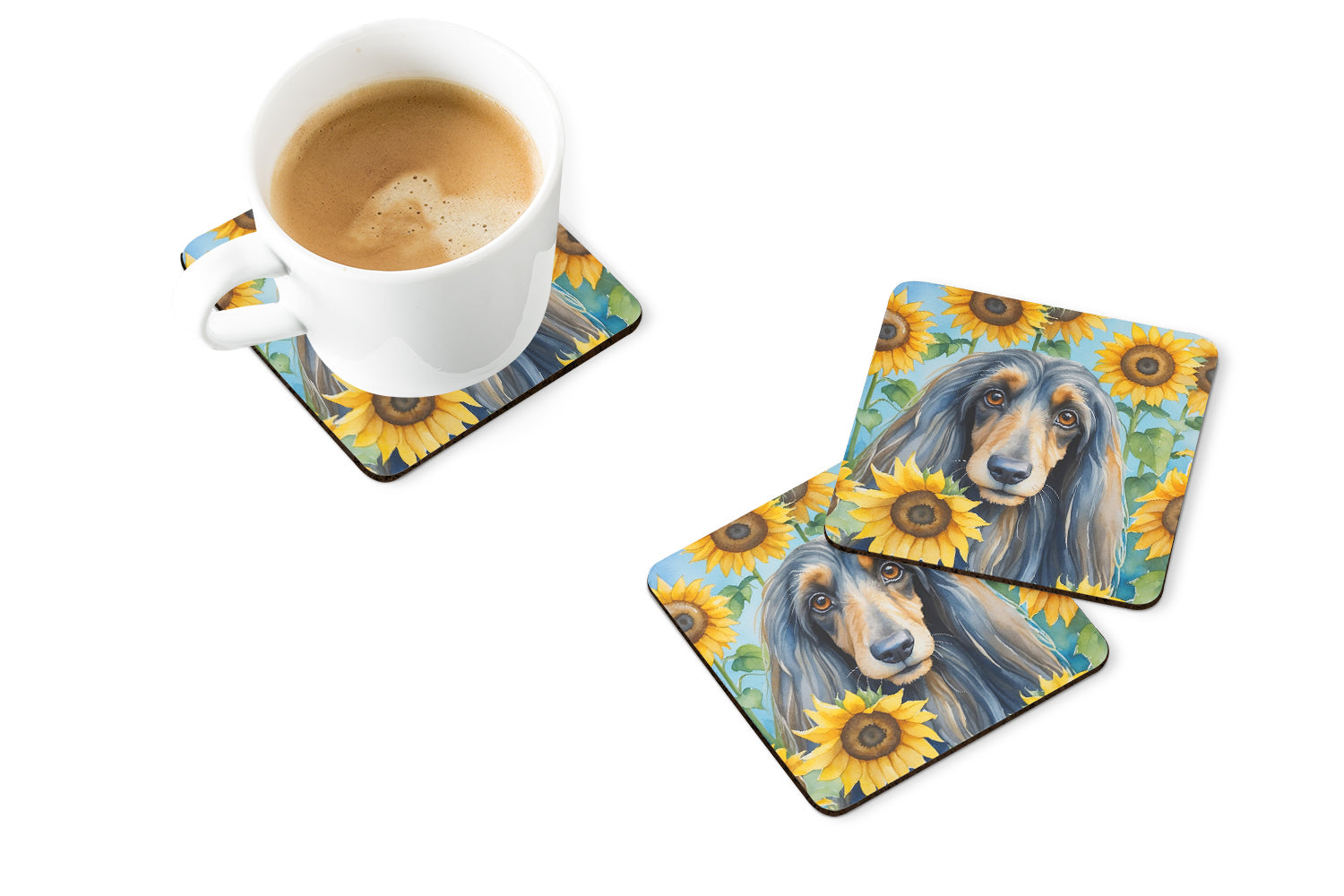 Afghan Hound in Sunflowers Foam Coasters Set of 4 Cup Coasters for Indoor Outdoor, Tabletop Protection, Anti Slip, Mouse pad Material