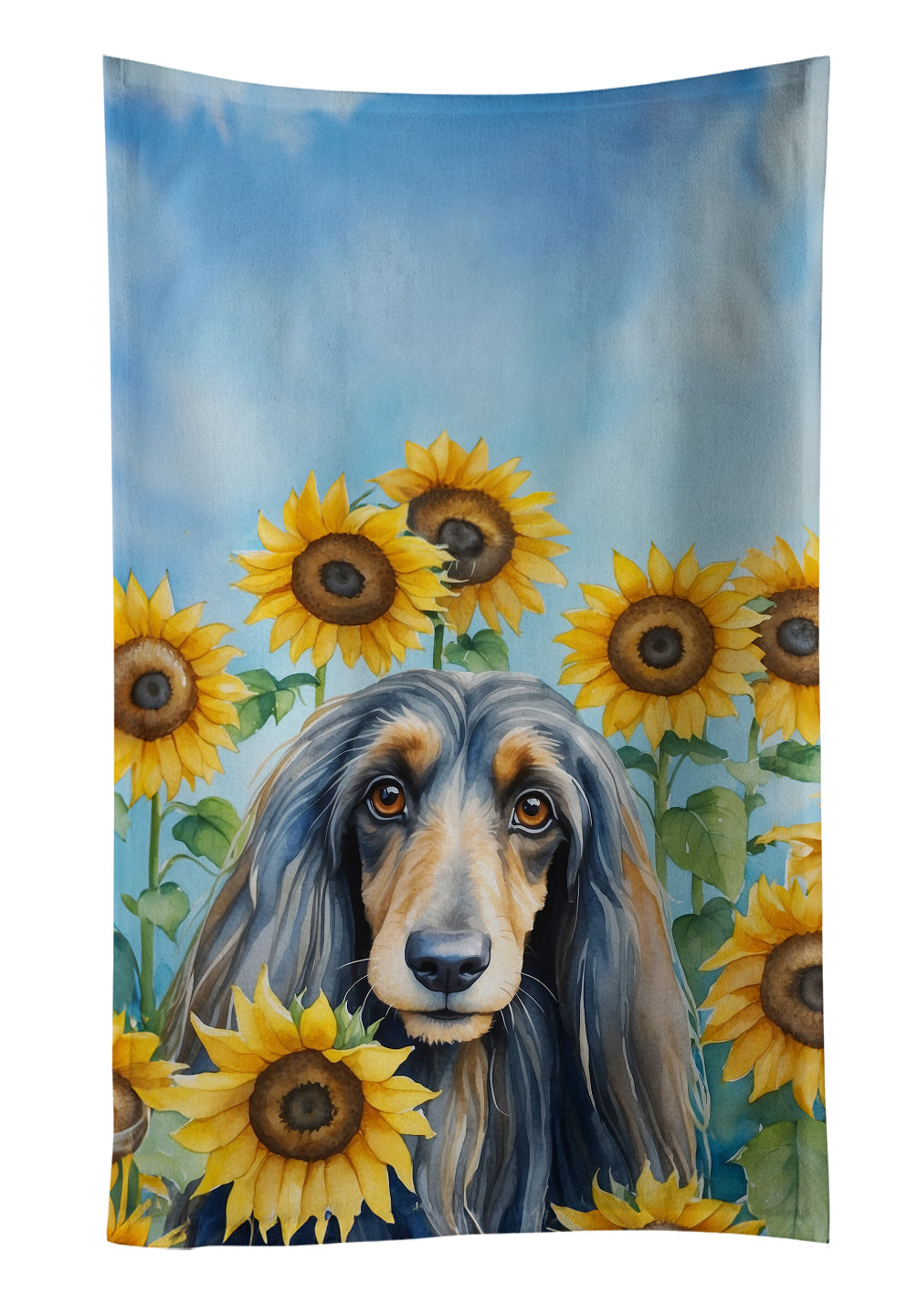 Afghan Hound in Sunflowers Kitchen Towel Velour Plush Front and Cotton Loop Back Machine Washable