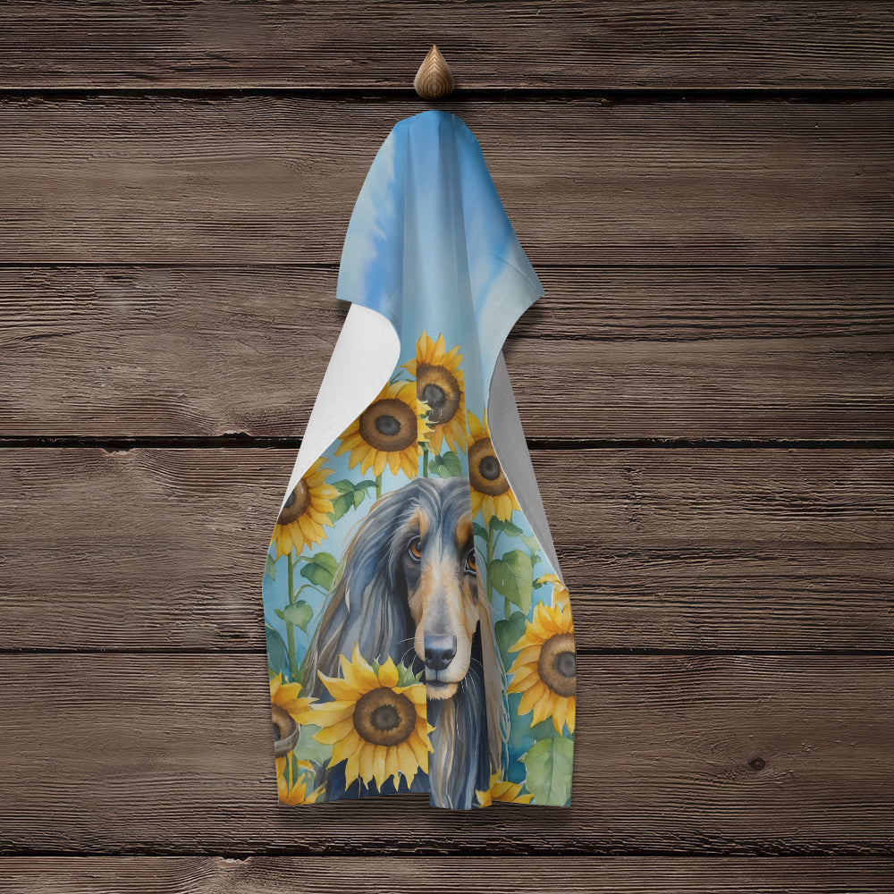 Afghan Hound in Sunflowers Kitchen Towel Velour Plush Front and Cotton Loop Back Machine Washable