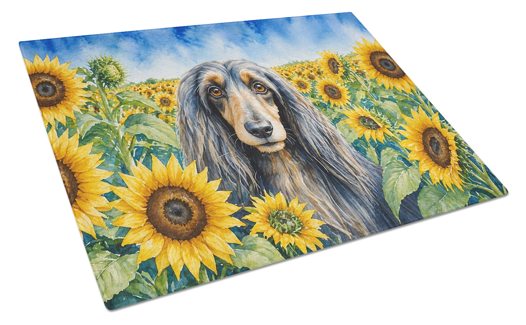 Afghan Hound in Sunflowers Cutting Board Tempered Glass Kitchen Cutting Surface, Heat Resistant Chopping Board with Non-Slip Feet, Decorative Food Prep & Serving