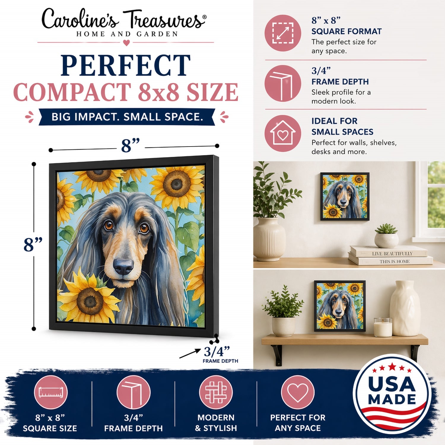 Afghan Hound in Sunflowers Framed Metal Print Bathroom, Kitchen, Office, Home Decor Wall Art Ready to Hang, Square, 8X8