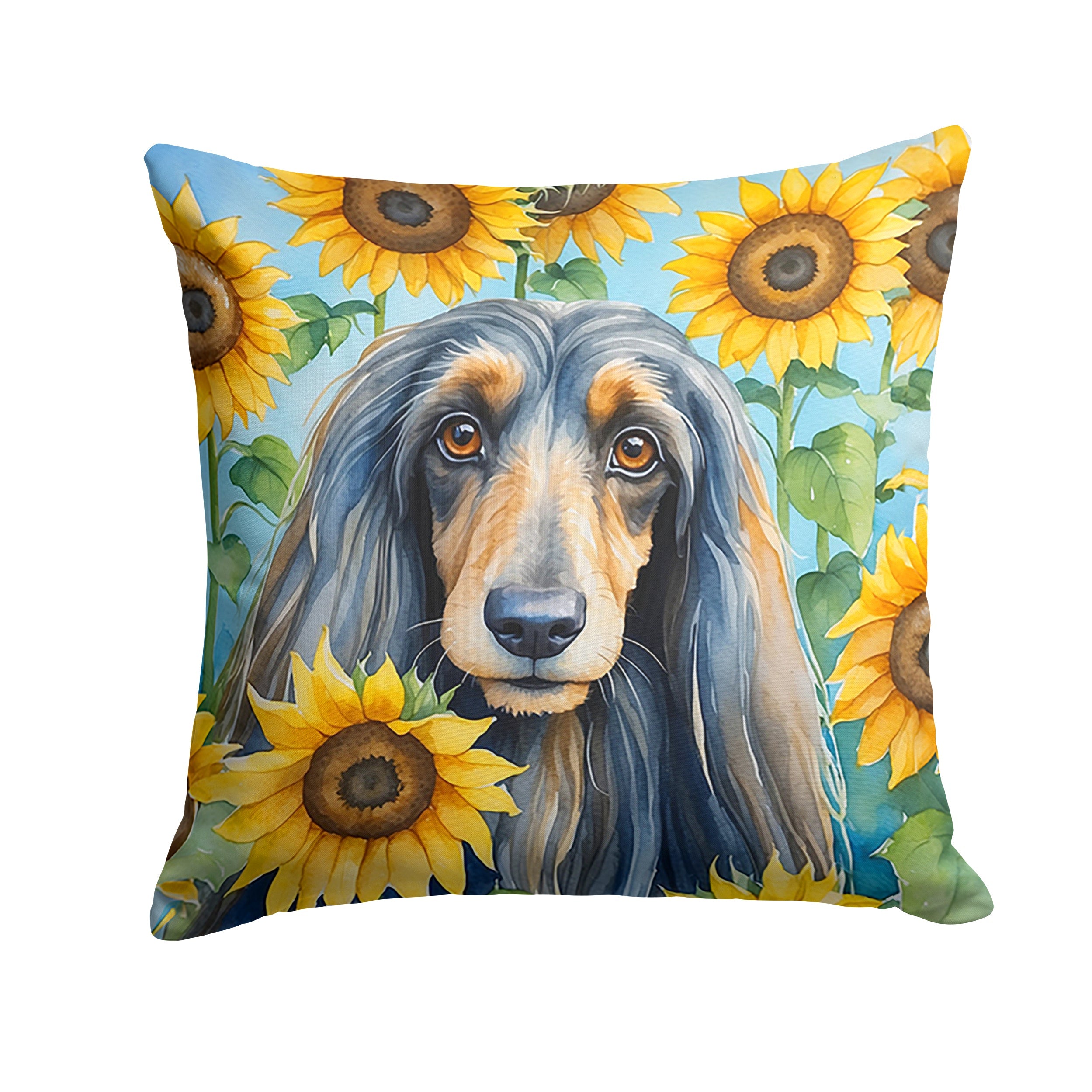 Afghan Hound in Sunflowers Decorative Throw Pillow 14x14 Indoor Outdoor Accent Cushion, Fabric Cover with Insert for Sofa, Bed, Porch & Living Room