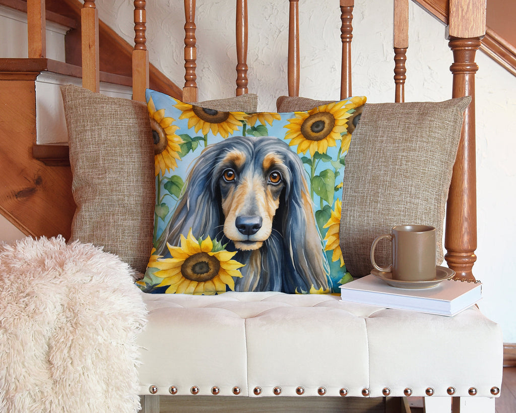 Afghan Hound in Sunflowers Decorative Throw Pillow 14x14 Indoor Outdoor Accent Cushion, Fabric Cover with Insert for Sofa, Bed, Porch & Living Room