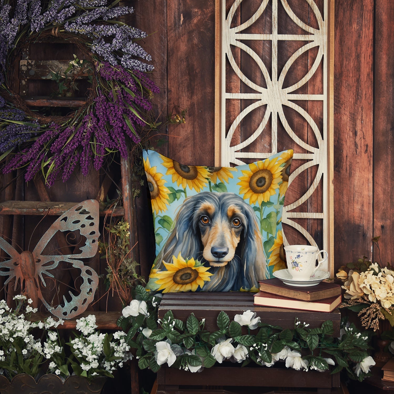 Afghan Hound in Sunflowers Decorative Throw Pillow 14x14 Indoor Outdoor Accent Cushion, Fabric Cover with Insert for Sofa, Bed, Porch & Living Room