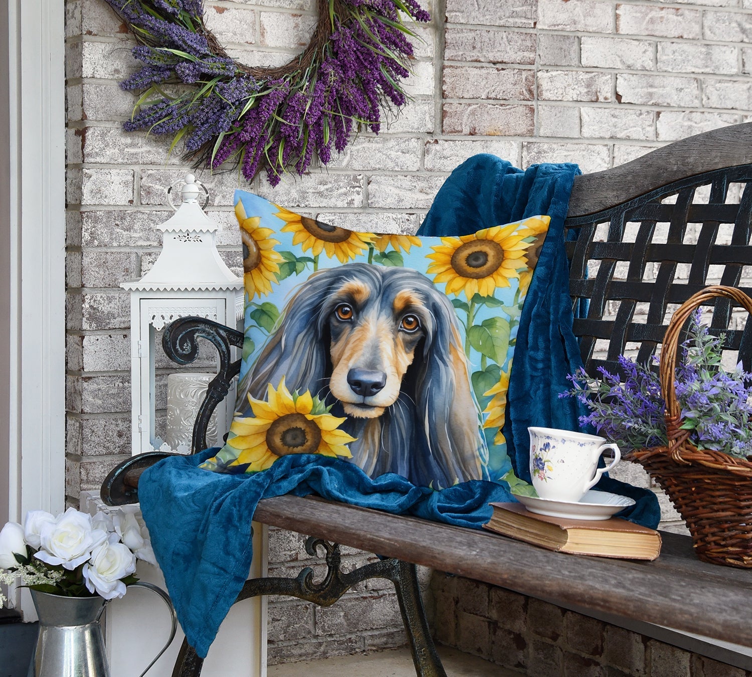 Afghan Hound in Sunflowers Decorative Throw Pillow 18x18 Indoor Outdoor Accent Cushion, Fabric Cover with Insert for Sofa, Bed, Porch & Living Room