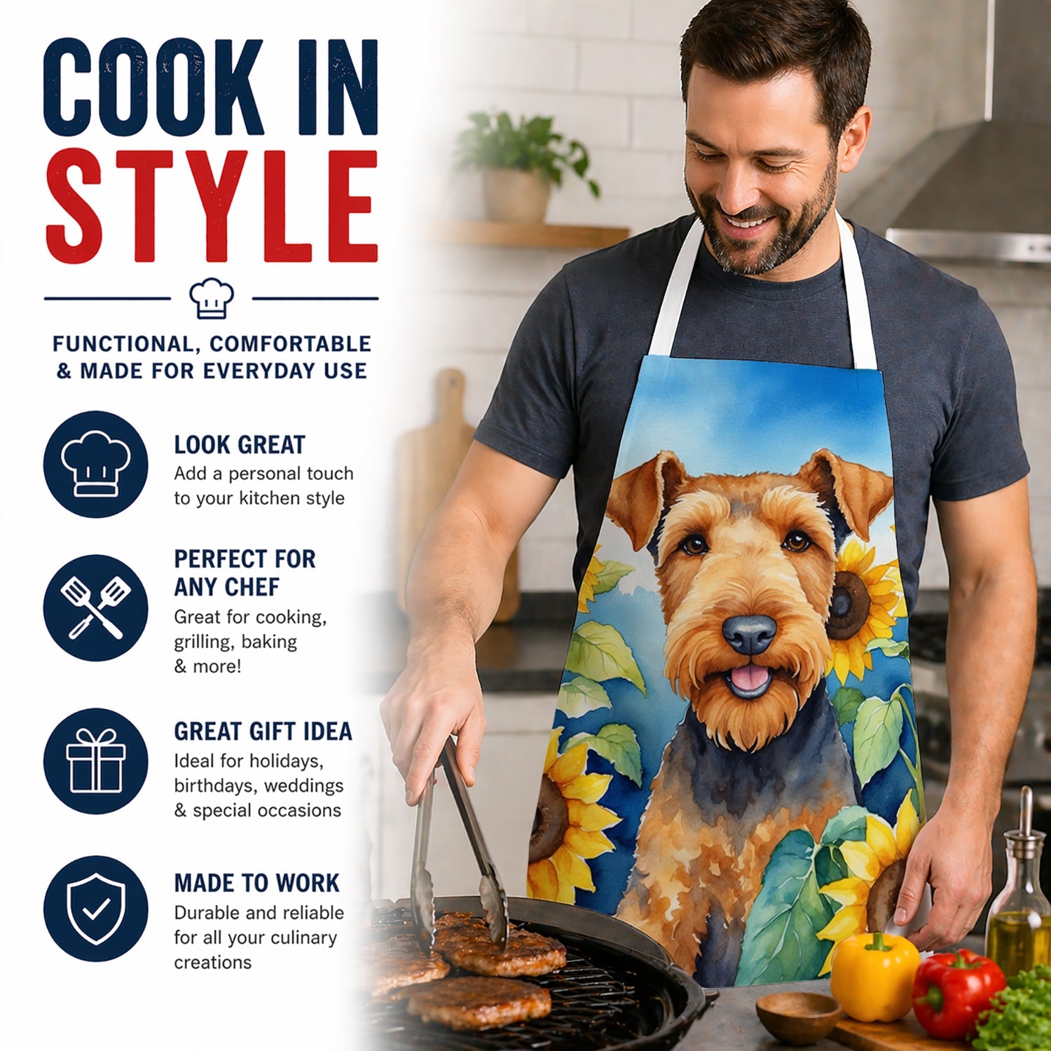 Airedale Terrier in Sunflowers Apron Cooking Kitchen Server Baking Crafts Gardening for Adult Women Men, Unisex, Large, Multicolor