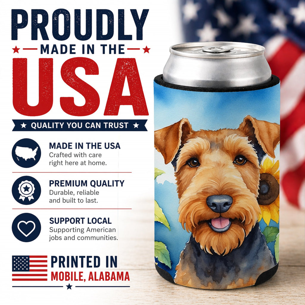 Airedale Terrier in Sunflowers Can or Bottle Hugger Cooler Sleeve for Standard 12 oz Cans, Insulated Foam Beer & Soda Can Hugger Reusable