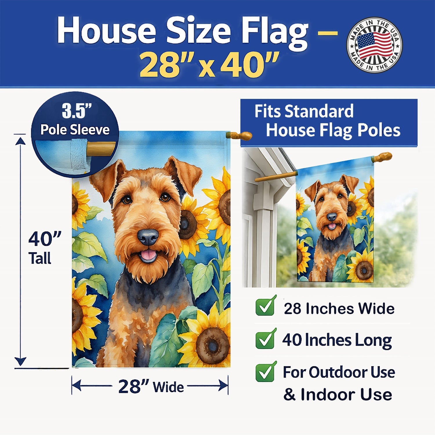 Airedale Terrier in Sunflowers House Flag 28x40 Porch Sleeve Pole Decorative Outside Yard Banner Artwork Wall Hanging, Polyester