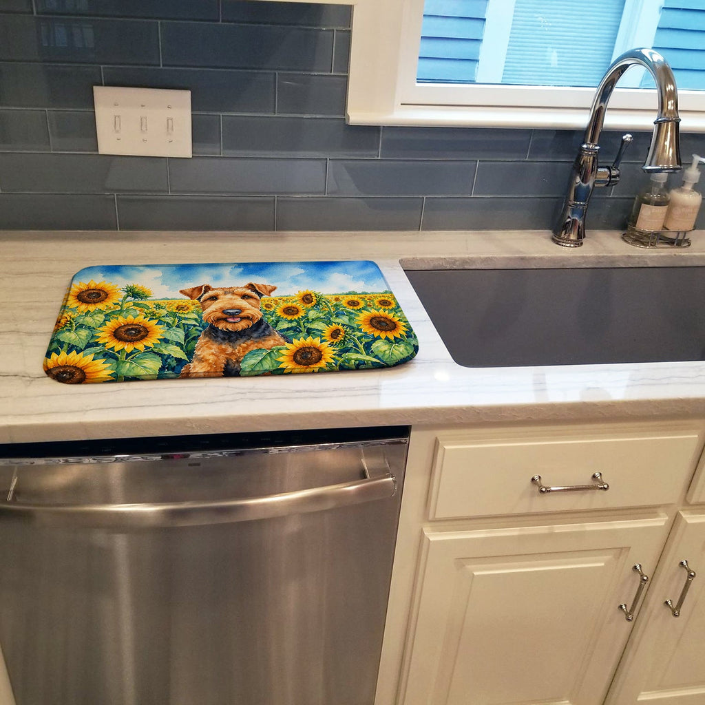 Airedale Terrier in Sunflowers Dish Drying Mat Absorbent Dish Drying Mat Pad for Kitchen Counter Dish Drainer Mat for Countertop, 14 x 21", Multicolor