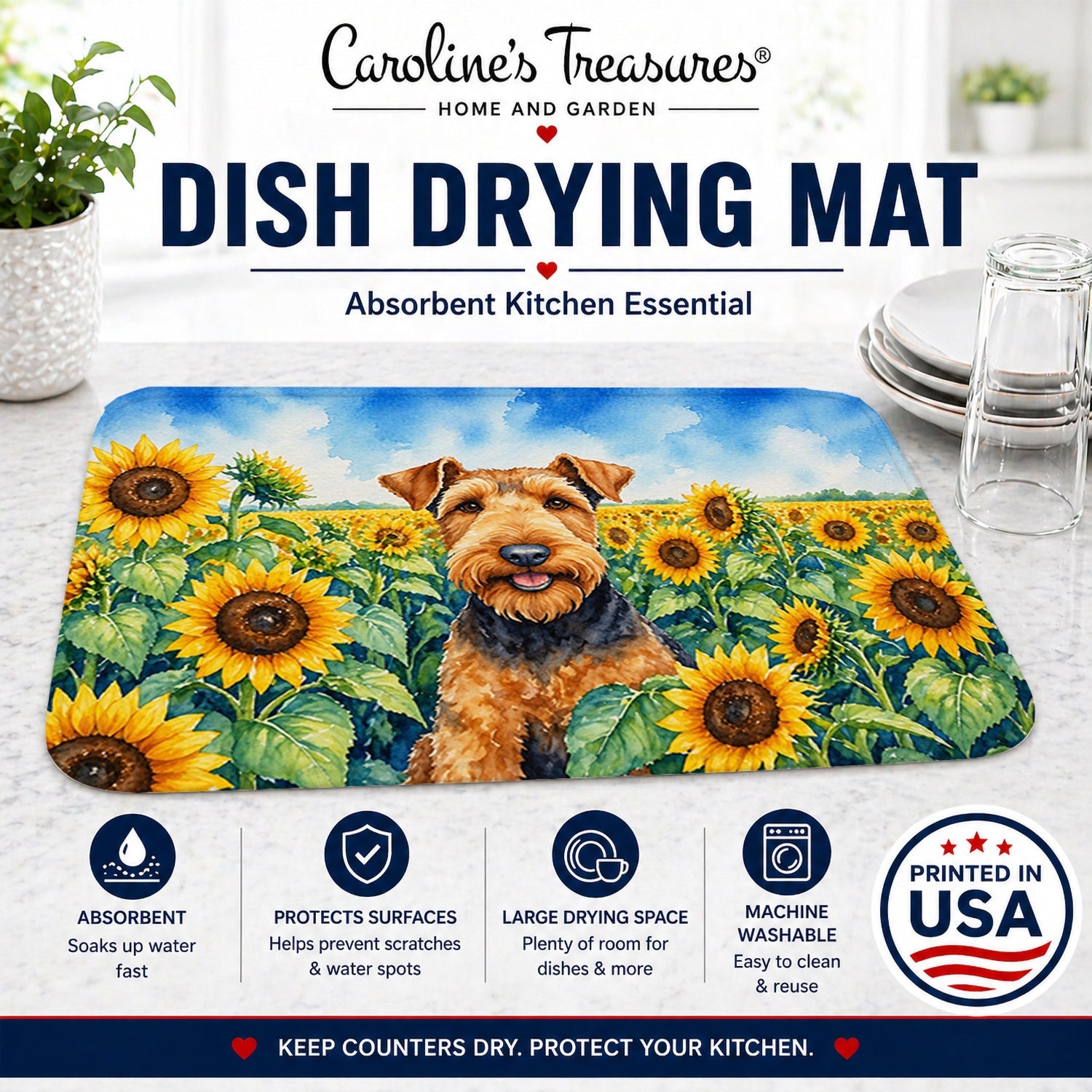 Airedale Terrier in Sunflowers Dish Drying Mat Absorbent Dish Drying Mat Pad for Kitchen Counter Dish Drainer Mat for Countertop, 14 x 21", Multicolor