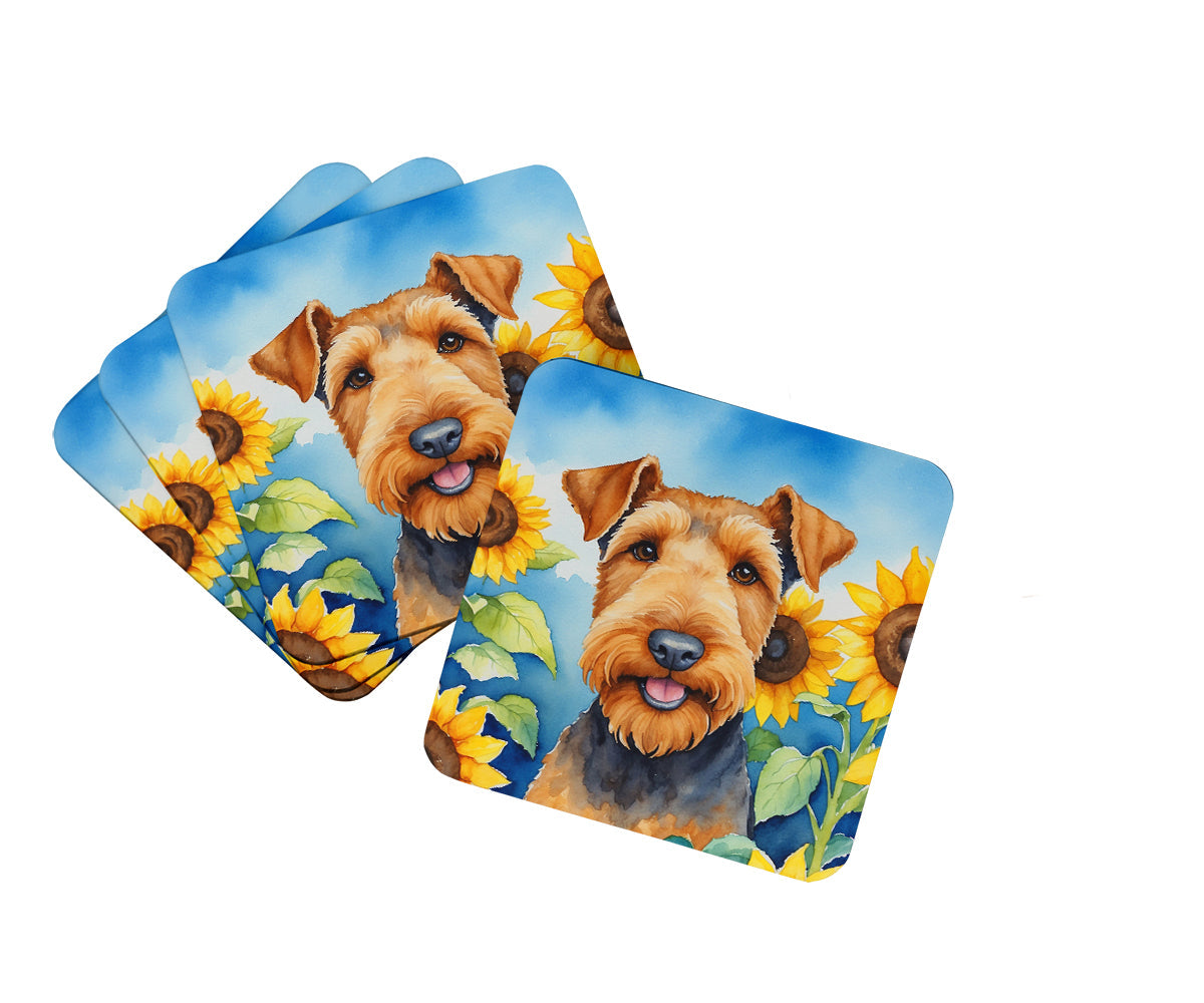 Airedale Terrier in Sunflowers Foam Coasters Set of 4 Cup Coasters for Indoor Outdoor, Tabletop Protection, Anti Slip, Mouse pad Material