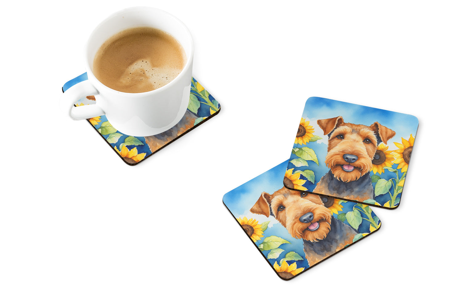 Airedale Terrier in Sunflowers Foam Coasters Set of 4 Cup Coasters for Indoor Outdoor, Tabletop Protection, Anti Slip, Mouse pad Material