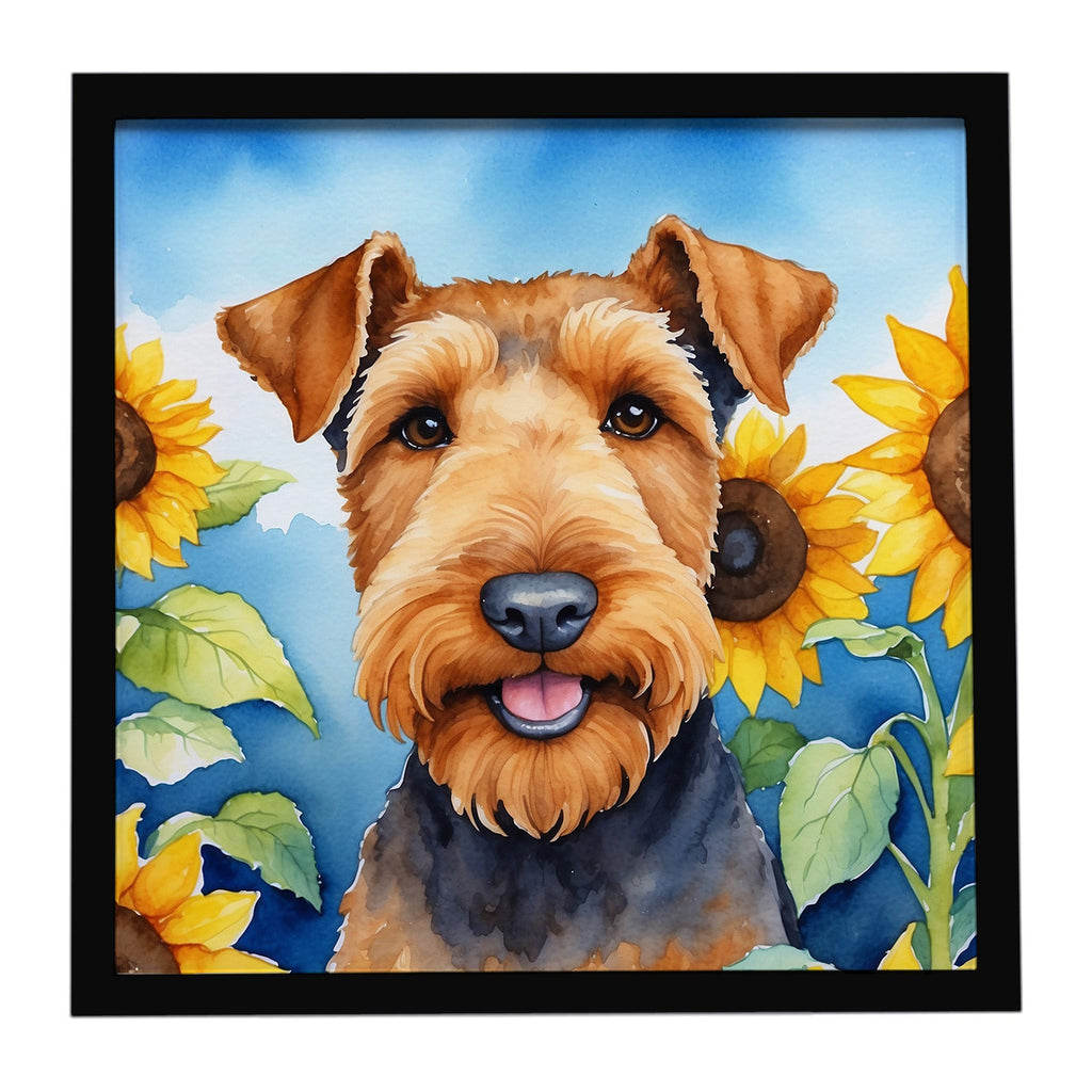 Airedale Terrier in Sunflowers Framed Metal Print Bathroom, Kitchen, Office, Home Decor Wall Art Ready to Hang, Square, 8X8