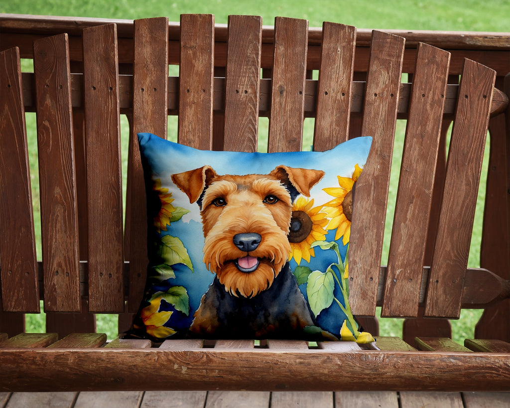 Airedale Terrier in Sunflowers Decorative Throw Pillow 14x14 Indoor Outdoor Accent Cushion, Fabric Cover with Insert for Sofa, Bed, Porch & Living Room