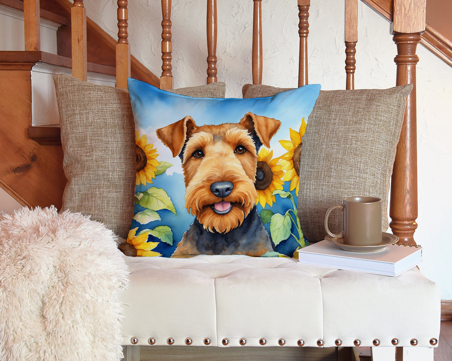 Airedale Terrier in Sunflowers Decorative Throw Pillow 14x14 Indoor Outdoor Accent Cushion, Fabric Cover with Insert for Sofa, Bed, Porch & Living Room