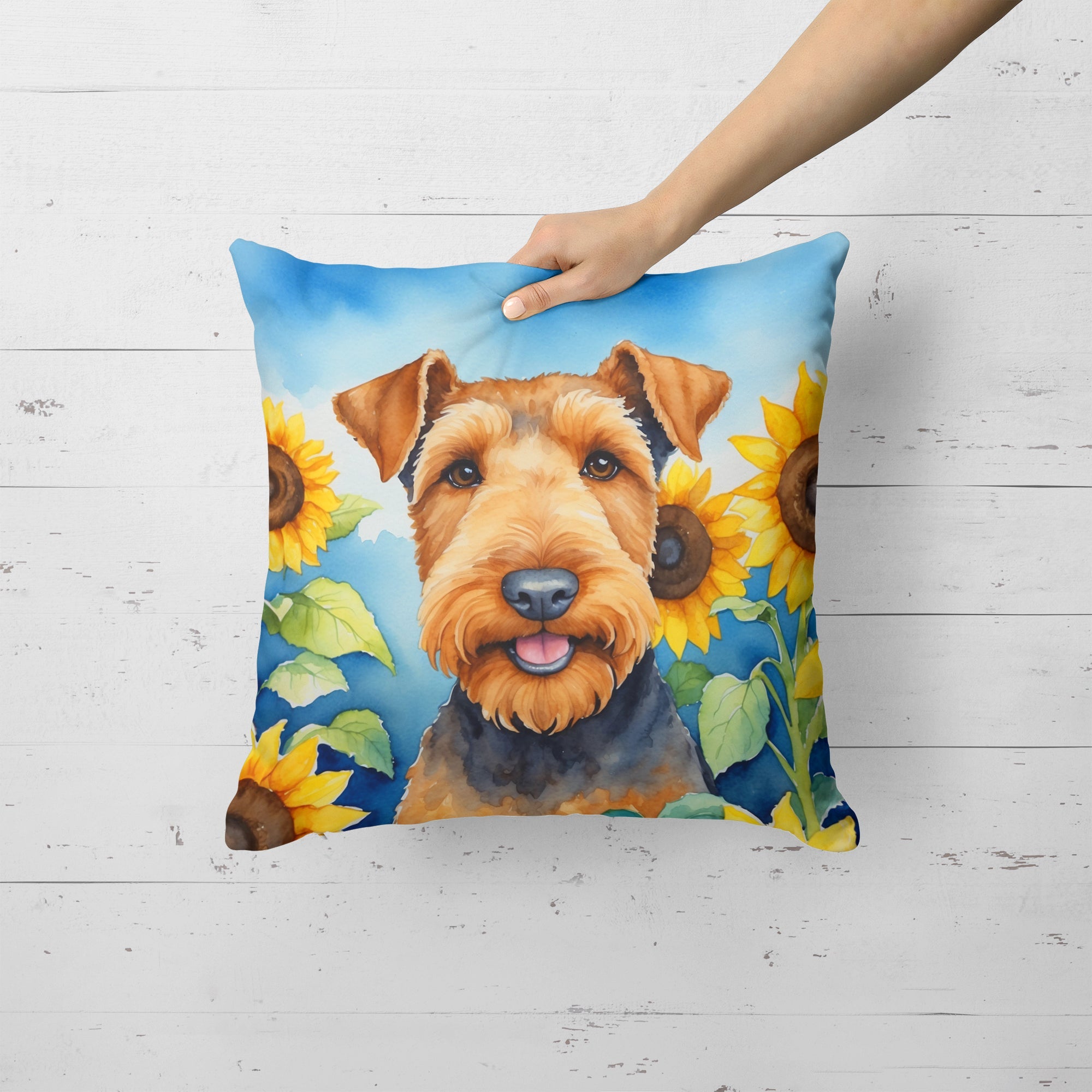 Airedale Terrier in Sunflowers Decorative Throw Pillow 18x18 Indoor Outdoor Accent Cushion, Fabric Cover with Insert for Sofa, Bed, Porch & Living Room